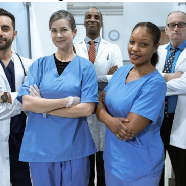 : Medical staff collaborating in a hospital, illustrating clinical training for medical assistants.
