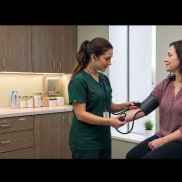 Clinical medical assistant in hunter green scrubs taking blood pressure of patient in doctor's office exam room