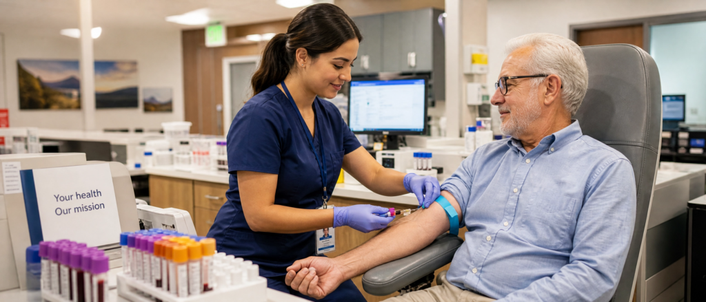 Phlebotomist performing blood draw on elderly patient in modern outpatient laboratory