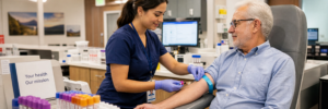 Phlebotomist performing blood draw on elderly patient in modern outpatient laboratory