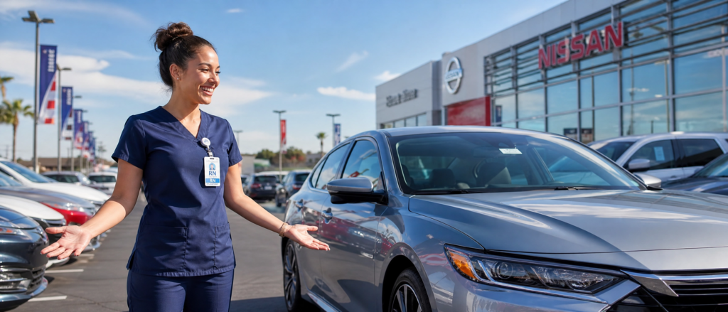 Phlebotomist in scrubs smiling at a car dealership lot next to a new sedan