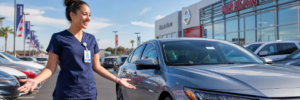 Phlebotomist in scrubs smiling at a car dealership lot next to a new sedan
