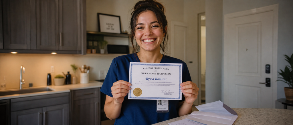 Phlebotomist in scrubs holding up her national phlebotomy certification after opening the mail