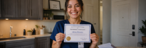 Phlebotomist in scrubs holding up her national phlebotomy certification after opening the mail