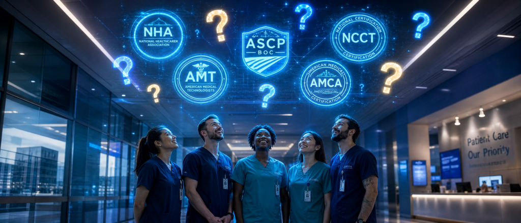 Group of phlebotomists in scrubs looking up at holographic NHA, ASCP, NCCT, AMT and AMCA certification badges