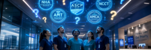 Group of phlebotomists in scrubs looking up at holographic NHA, ASCP, NCCT, AMT and AMCA certification badges