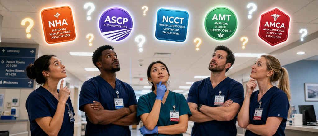 Phlebotomists looking up at holographic NHA, ASCP, NCCT, AMT and AMCA certification badges