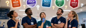 Phlebotomists looking up at holographic NHA, ASCP, NCCT, AMT and AMCA certification badges